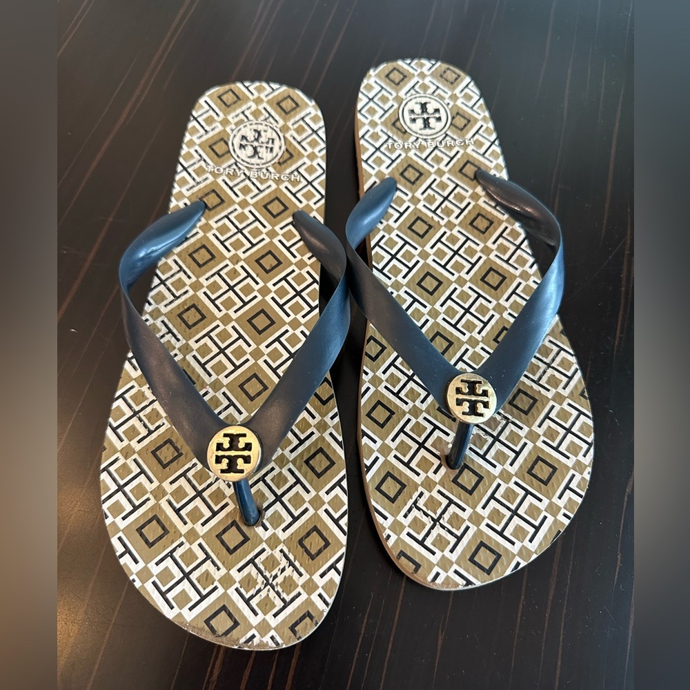 Tory Burch Black and Gold Patterned Sandals